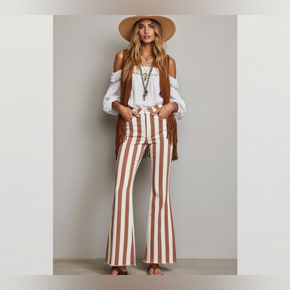 Saints & Hearts Chic Striped Flare Jeans in Tan and White Stripes